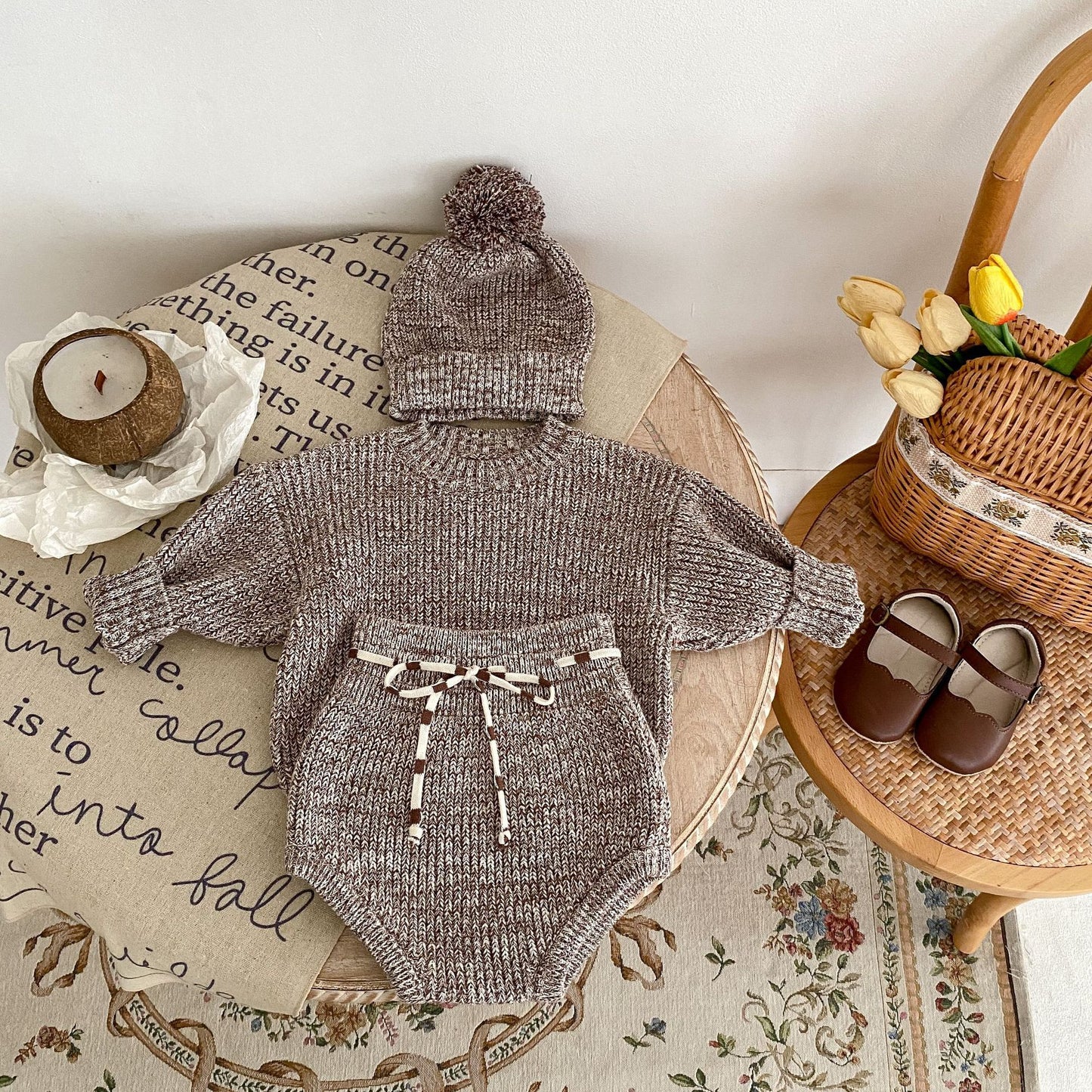 Fur Ball Knitted Hat 3-piece Set